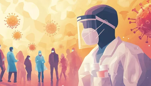 Healthcare worker in PPE and people practicing social distancing, symbolizing care during the pandemic.