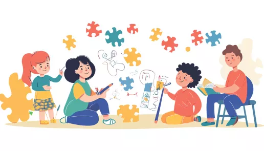 Children and adults participating in activities, symbolizing understanding and inclusion for developmental disorders.