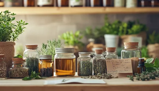 Jars of herbs and homemade skincare products, highlighting natural DIY solutions and home remedies.