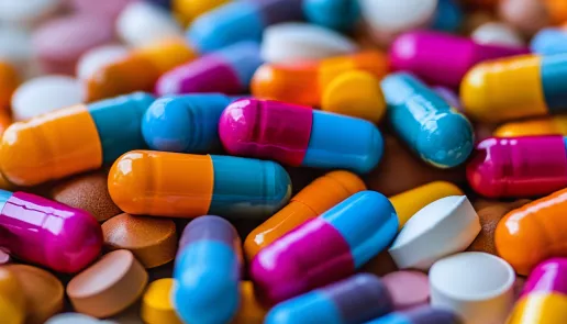 Illustration of pills and warning signs, representing drug reactions and medication safety awareness.
