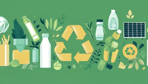 Reusable items, plants, and recycling symbols, highlighting eco-friendly alternatives for sustainable living.