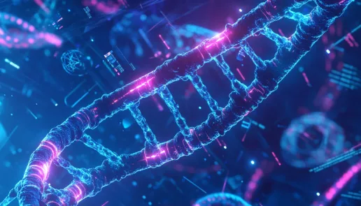 Illustration of DNA strands and molecular structures, representing advancements in genetics and biological science.