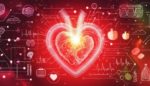 Glowing heart surrounded by healthy foods and exercise icons, promoting awareness of heart health and wellness.