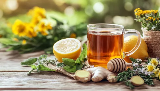 Natural home remedies including herbal tea, ginger, and lemon for relieving chest pain from coughing