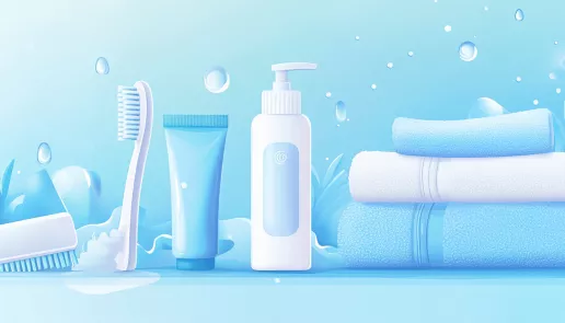 Toothbrushes, sanitizers, and cleanliness symbols, highlighting the importance of hygiene and healthy habits.