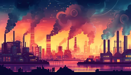 Factories and machinery against an urban skyline, symbolizing industrialization and technological advancement.