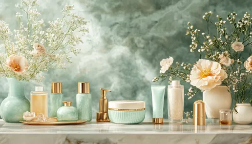 Luxurious skincare products arranged on a marble counter, highlighting beauty and self-care routines.