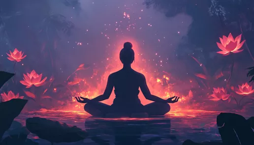 Illustration of a person meditating with glowing light, symbolizing mindfulness, meditation, and inner peace.