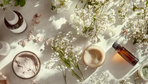 Illustration of glowing skin and eco-friendly skincare products, symbolizing natural beauty and self-care practices.