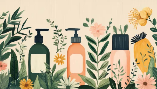 Shampoo, conditioner, and natural ingredients, representing healthy hair care practices and tips.