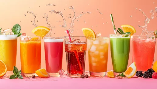 Vibrant display of tea, smoothies, and cocktails with playful splashes and fresh ingredients