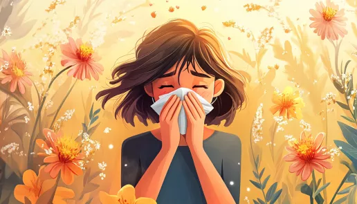 A person sneezing surrounded by pollen and flowers, representing seasonal allergies and care tips.