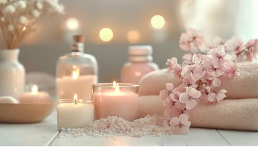 Candles, skincare products, and cozy blankets, symbolizing self-care routines and personal wellness practices.