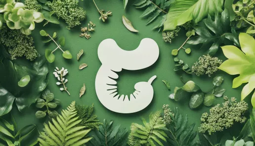 Conceptual image of healthy digestion with a stomach icon and green leaves.