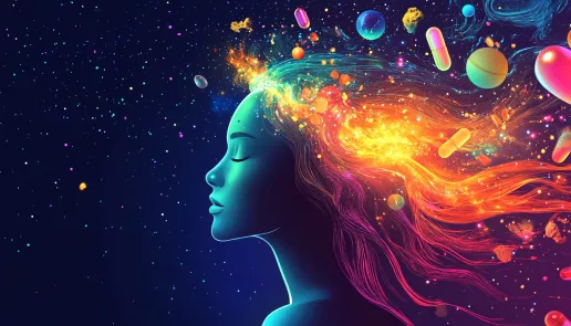 Illustration of vitamins supporting hair regrowth and vitality.
