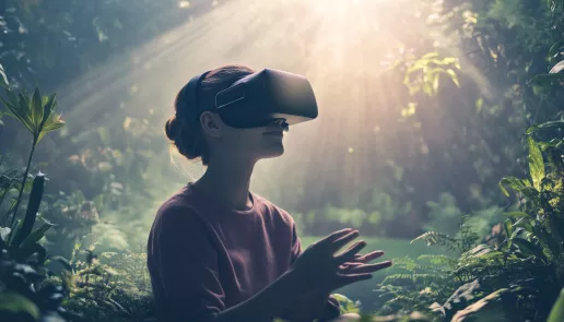 A person using VR technology for pain relief in a serene virtual environment