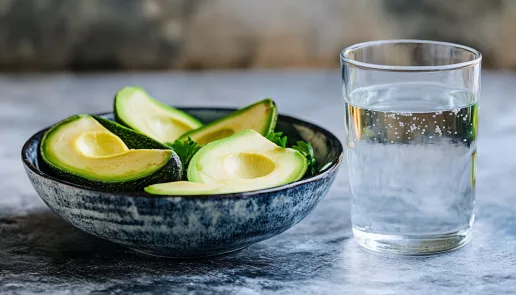 Sliced avocado and water representing digestive health benefits