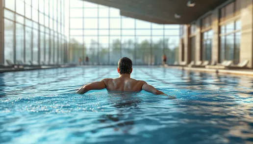 Banner image showing a swimmer engaging in low-impact water workouts in a pool, emphasizing effective swimming techniques for fat burning and weight loss.