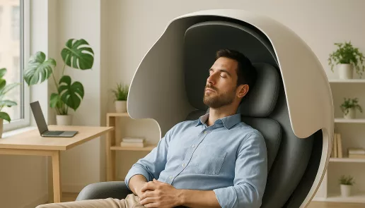 Professional recharging in a sleek nap pod to enhance energy and productivity