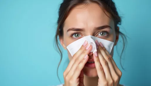 Person demonstrating nosebleed causes and treatment by pinching nose with tissue