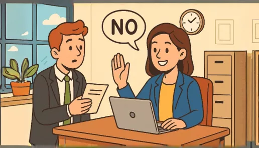 Confident employee politely declining a request in a professional office setting