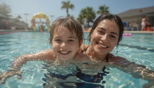 Parent teaching child to swim and float in a pool