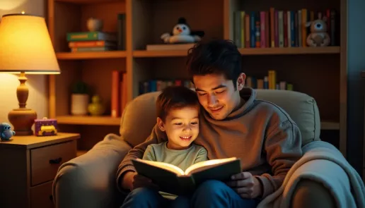 Parent and child reading together in a cozy corner, ages 7-9
