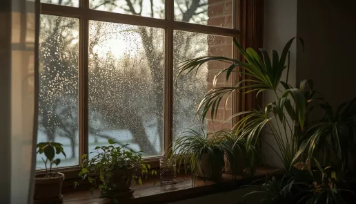 Fogged winter window with condensation droplets in a cozy, healthy home