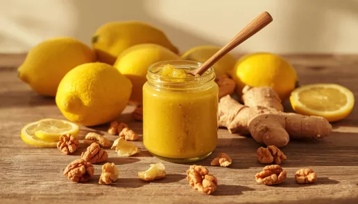 Jar of honey nut lemon ginger paste with lemons, nuts, and ginger on a rustic wooden surface.