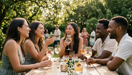 A group of diverse friends engaging in authentic conversation at a modern social gathering with non-alcoholic beverages.
